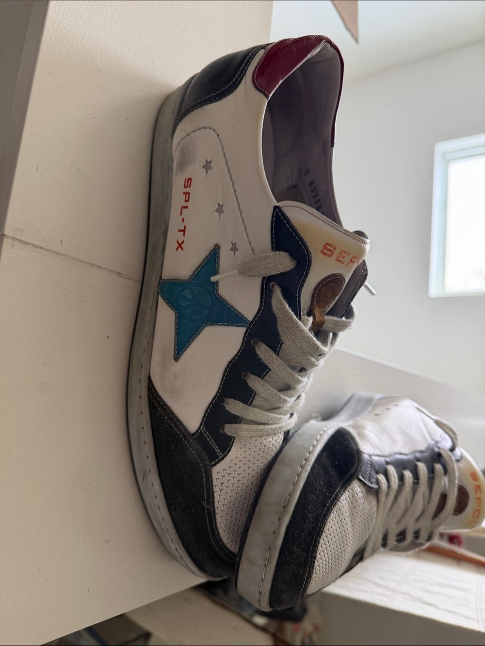 Men's White Leather Sneakers with Blue Star Accent